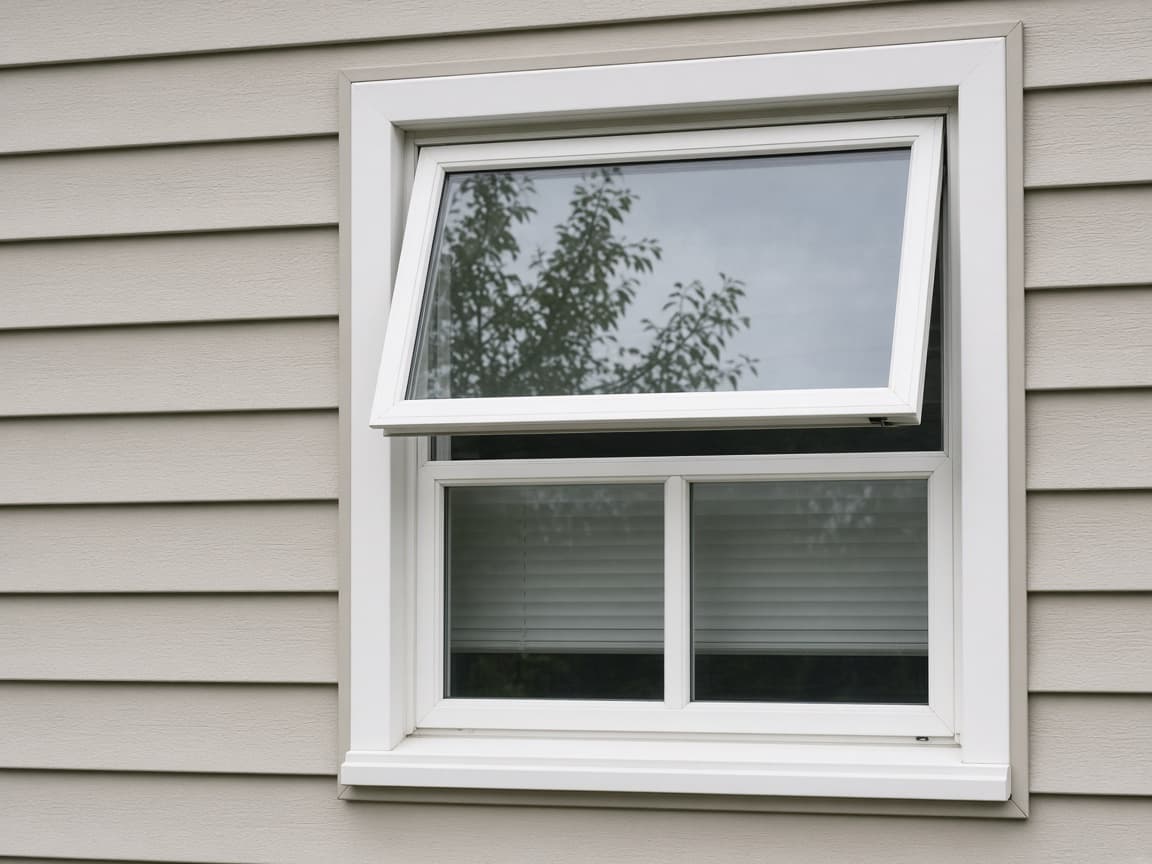 White awning window propped open on the side of a house.