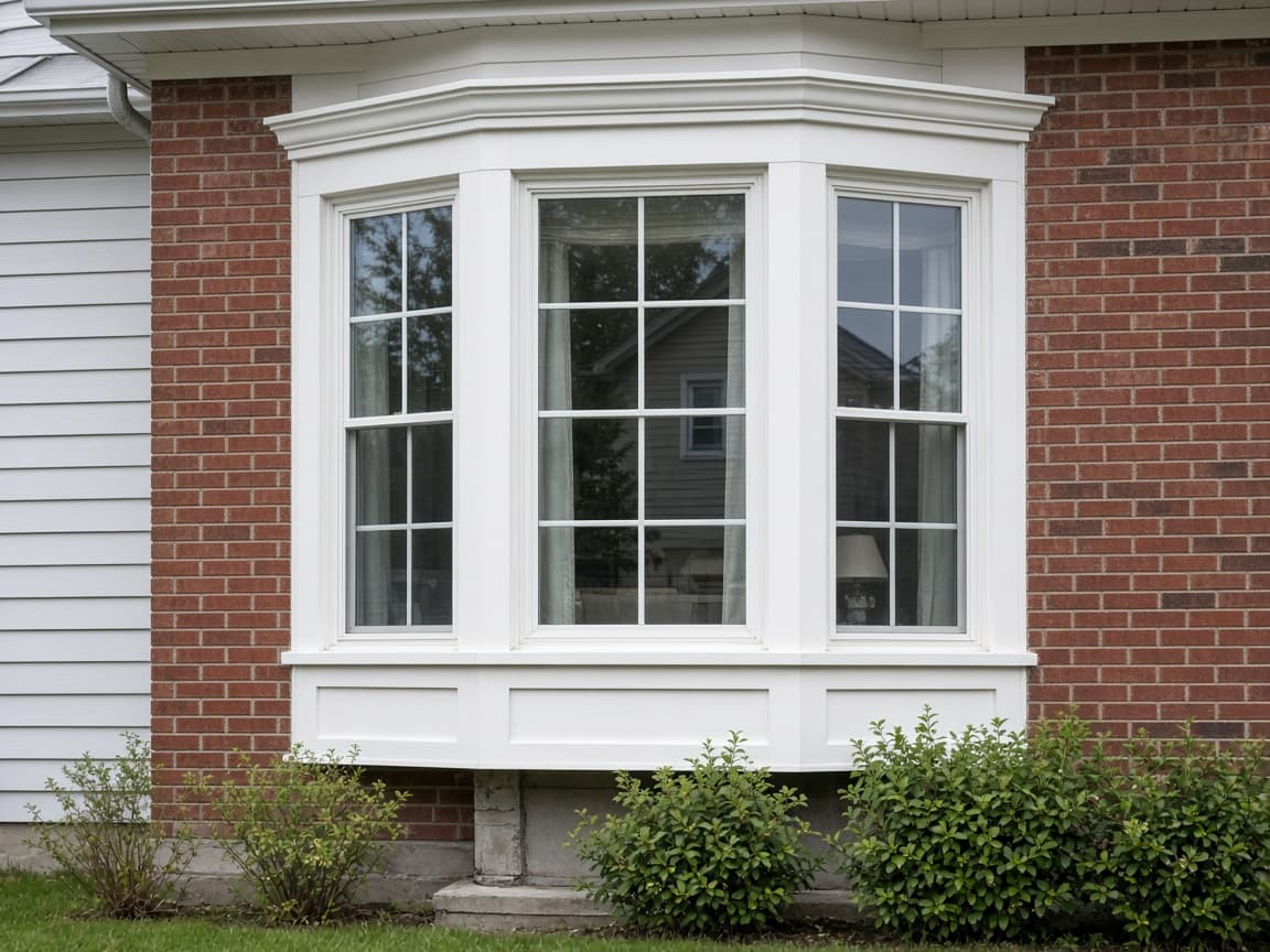 Three-section bay window on a brick house.
