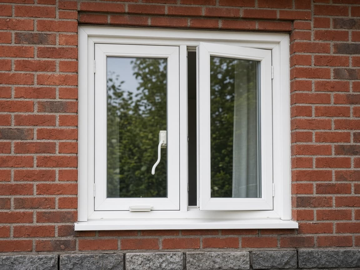 White casement window slightly open on a brick house.