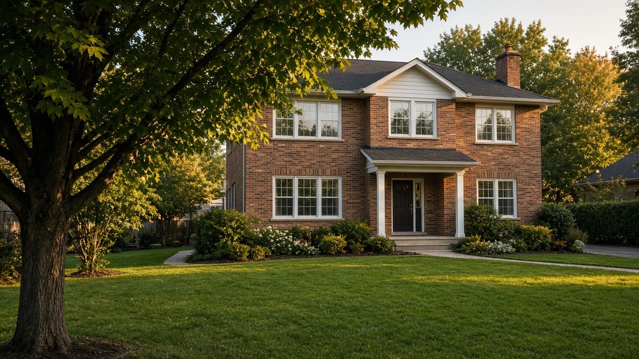 Two-storey brick house with new white replacement windows across the front.