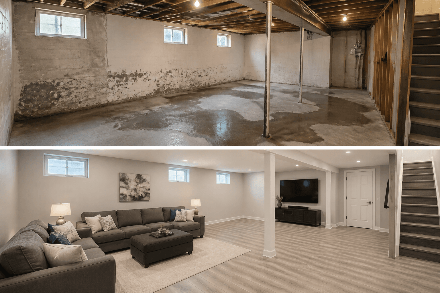 Finished basement family room after restoration work.