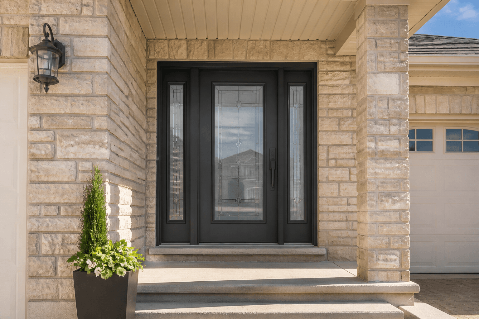 Upgraded entry door on a suburban home.