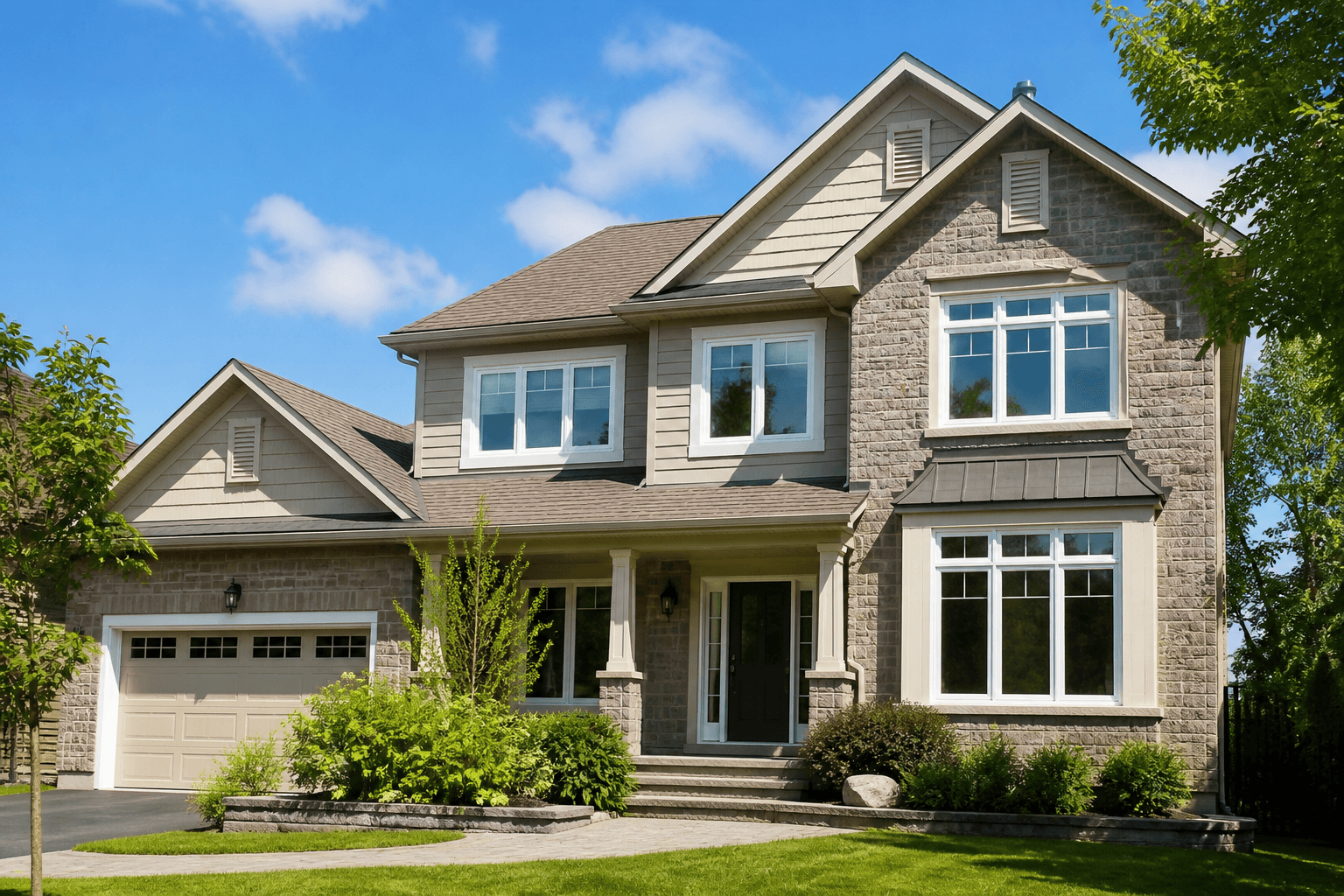 Exterior of a home with new replacement windows installed.